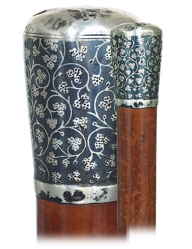 187. Tula Silver Day Cane -Ca. 1900 -Classic and well-proportioned Tula silver knob totally decorated in Tula technique with repeating decorative patt