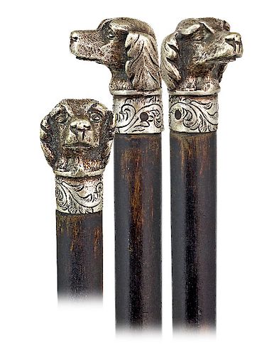 196. Dog Head Knobkerrie Cane -Ca. 1860 -Silver plated metal knob modeled, heavy cast and finely chased to depict a long eared setter head with a shor