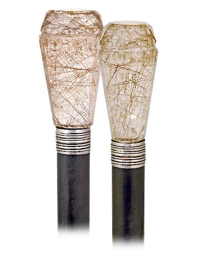 82. Hard Stone Dress Cane -Ca. 1900 -Hard stone knob fashioned of a select piece of golden rutile quartz in a modified, oval, elaborately facetted and