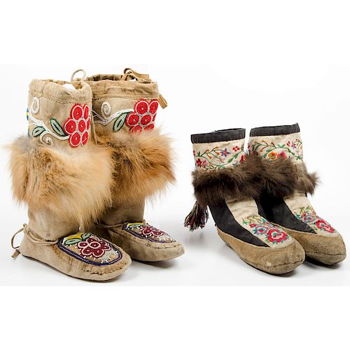 Northern Cree Beaded and Embroidered Hide Moccasins, From an Old Nebraska Collection