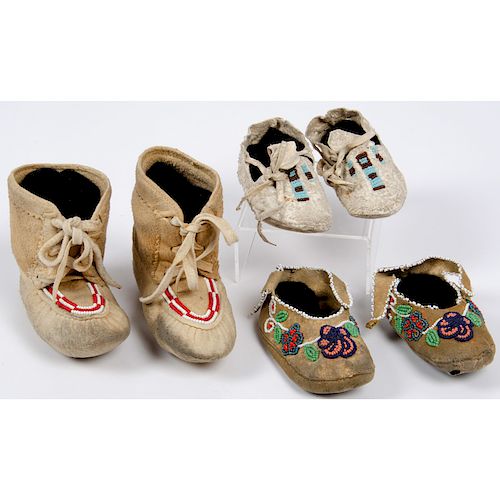 Collection of Northern Plains Infant Beaded Hide Moccasins, From an Old Nebraska Collection