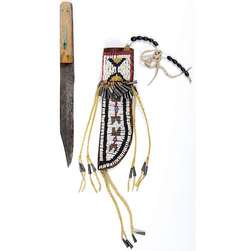 Plains Beaded Leather Knife Sheath with Knife, From the Collection of William H. Saunders, M.D. and Putzi Saunders, Ohio
