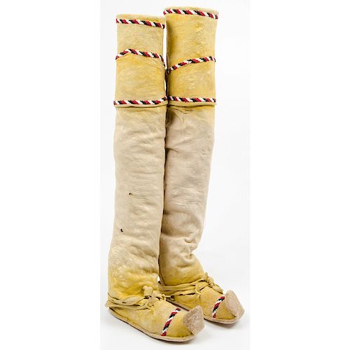 Apache Child's Beaded Hide Boot Moccasins, From an Old Nebraska Collection