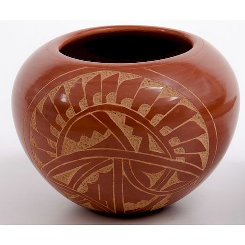 Ida Yepa (Jemez, 20th century) Carved Redware Pottery Jar, From the Collection of William H. Saunders, M.D. and Putzi Saunders, Ohio