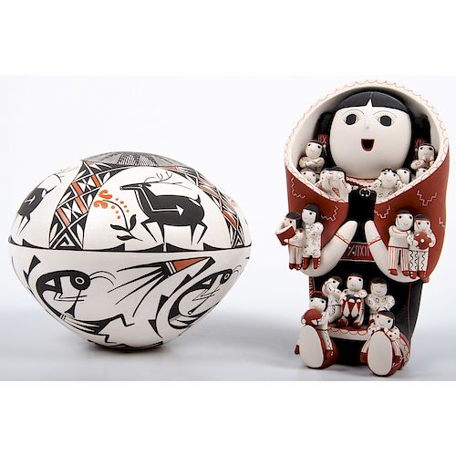 Vangie Suina (Cochiti, b.1960's) Pottery Storyteller and B. L. Cerno (Acoma, b.1959) Polychrome Seed Jar, From the Collection of William H. Saunders, 