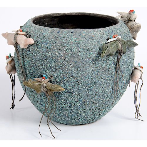 Zuni Fetish Pottery Jar with Crushed Turquoise AND Additional Fetishes
