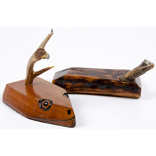 Richard Terry Chrisjohn (Oneida, 1945-1995) Antler Carvings with Wooden Base Knife Stands, PLUS