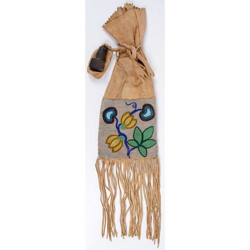 Anishinaabe Beaded Hide Tobacco Bag with Pipe and Tamper