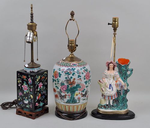Group Three Porcelain Lamps, Chinese/Staffordshire