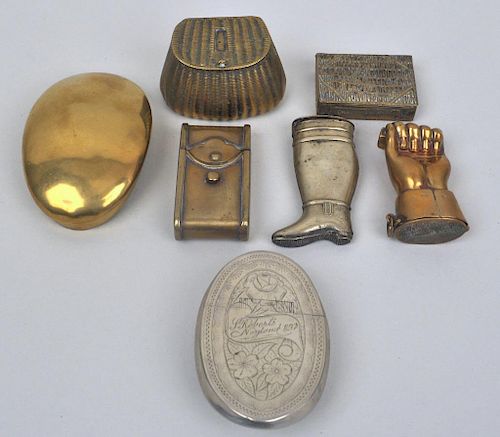 Five Brass Match Safes & Two Tobacco Boxes