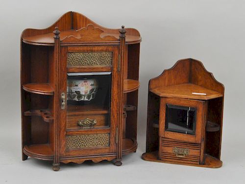 Two English Victorian Oak Tobacco Corner Cabinets