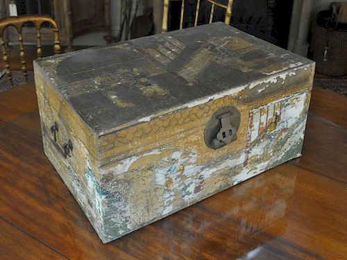 Small Asian Paint Decorated Pigskin Trunk
