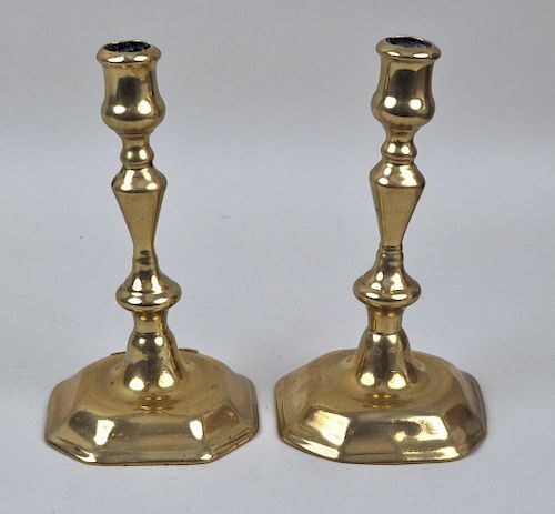 Pr. Queen Anne Brass Candlesticks, Octagonal Bases