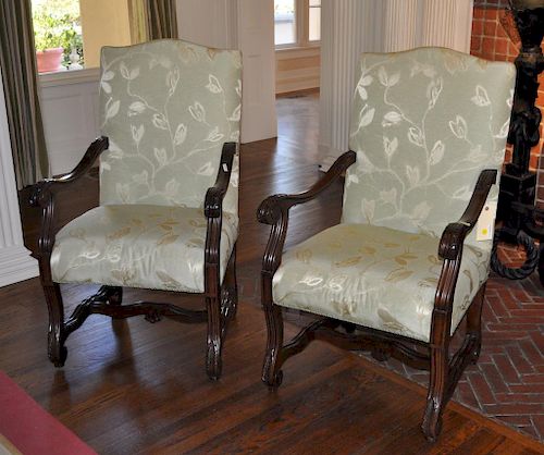 Pair French Baroque Style Open Arm Chairs