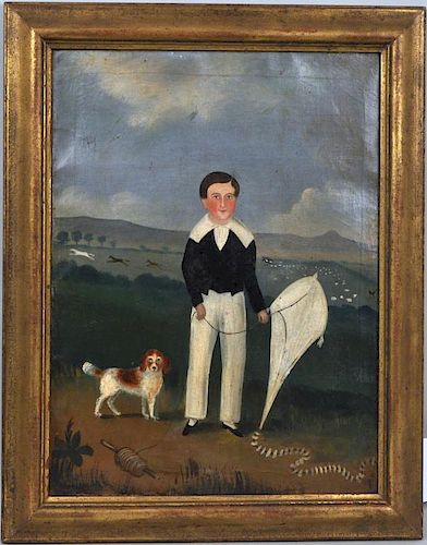 Folk Art O/C of Young Boy With Kite