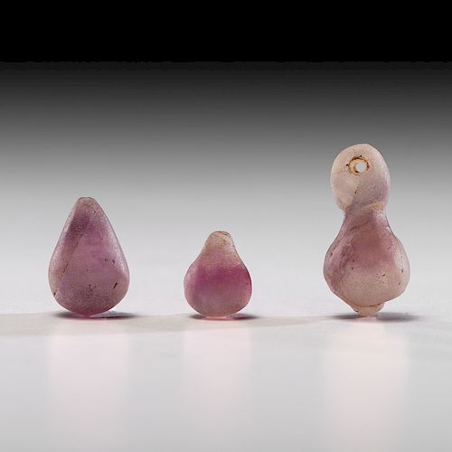 A Lavender Owl Effigy Fluorite Pendant AND Two Lavender Fluorite Ornaments, Longest 1-1/8 in.