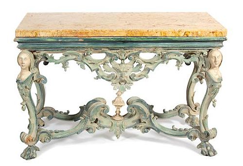 An Italian Baroque Style Painted Marble Top Console Table Height 33 x width 49 1/2 x depth 24 inches.