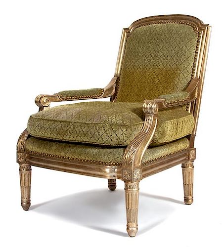 A Louis XVI Style Giltwood Fauteuil Height 41 1/2 inches.