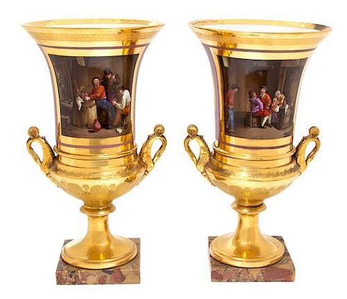 A Pair of Paris Porcelain Urns Height 15 inches.