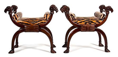 A Pair of Neoclassical Style Carved Curule-Form Benches Height 30 x width 32 x depth 18 inches.