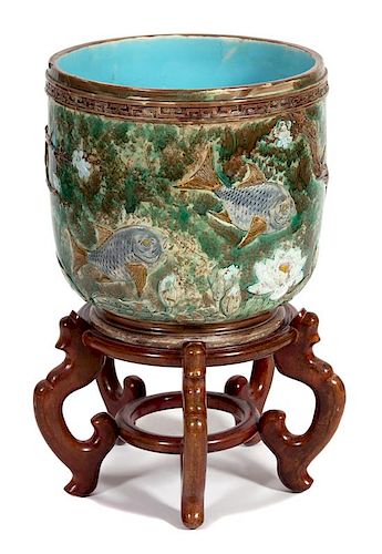 A Majolica Porcelain Jardinière Height 18 inches.