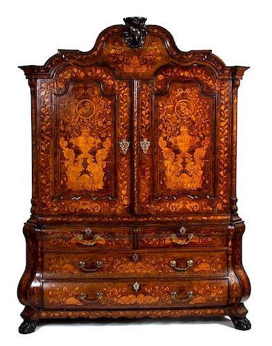 A Dutch Marquetry Cabinet Height 93 1/2 x width 68 x depth 24 inches.