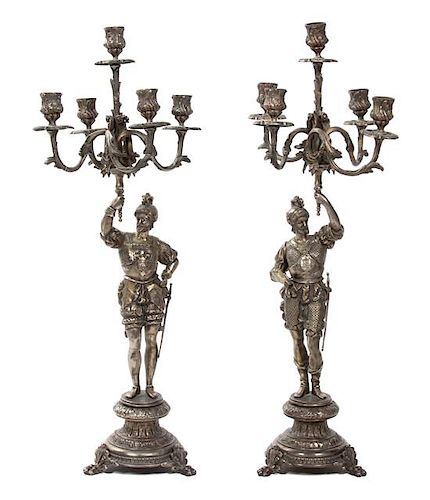 A Pair of Silver-Plate Four-Light Knight-Form Candelabra Height 26 1/4 inches.