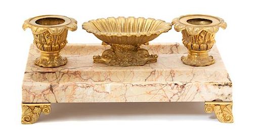 A Neoclassical Gilt Bronze and Marble Encrier Width 10 1/2 inches.
