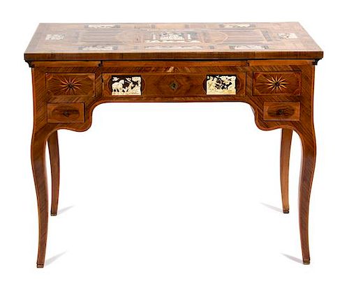A German or Italian Marquetry Writing Table Height 30 x width 39 1/2 x depth 22 1/2 inches.