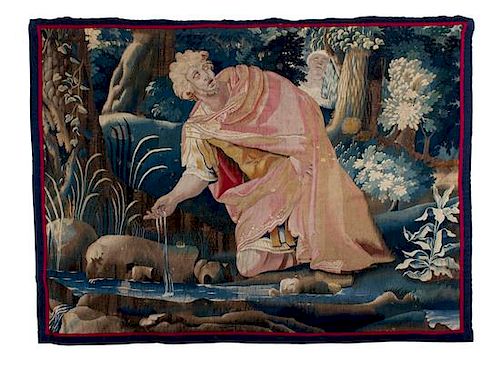 A Continental Wool and Silk Tapestry Height 60 x width 76 inches.