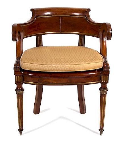 A Regency Brass Mounted Mahogany Chair Height 31 x width 25 1/4 x depth 19 inches.