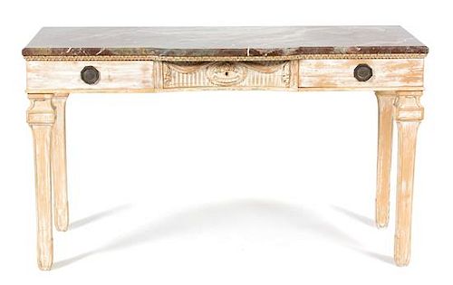 A Directoire Style Carved and Painted Marble Top Console Table Height 33 x width 55 3/4 x depth 20 1/2 inches.