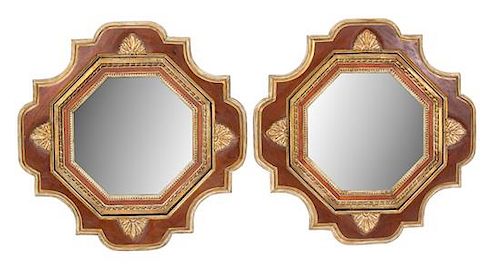 A Pair of Venetian Style Painted and Parcel Gilt Medallion-form Mirrors Height 35 x width 35 inches.