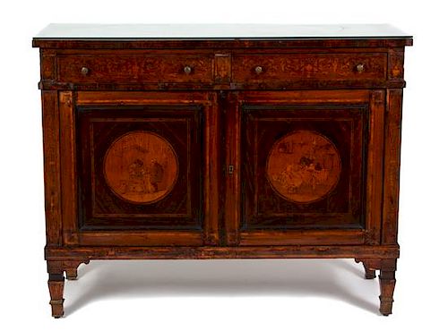 A Dutch Marquetry Inlaid Sideboard Height 43 x width 52 x depth 20 inches.