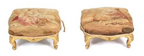 A Pair of Louis XV Style Aubusson Tapestry Covered Foot Rests Height 7 x length 14 inches.