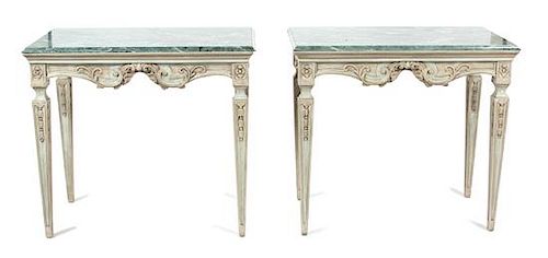 A Pair of Louis XVI Style Carved and Painted Marble Top Console Tables Height 35 1/2 x width 39 1/2 x depth 23 1/2 inches.