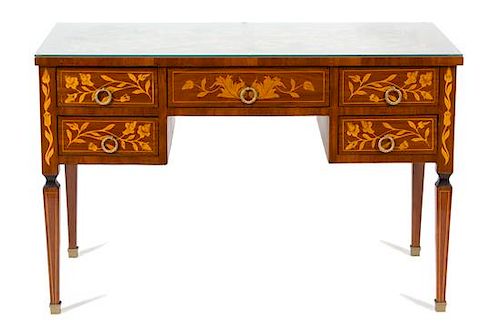 A Louis XVI Style Floral Marquetry Inlaid Gilt Bronze Mounted Bureau Plat Height 30 1/2 x width 47 1/2 x depth 24 inches.