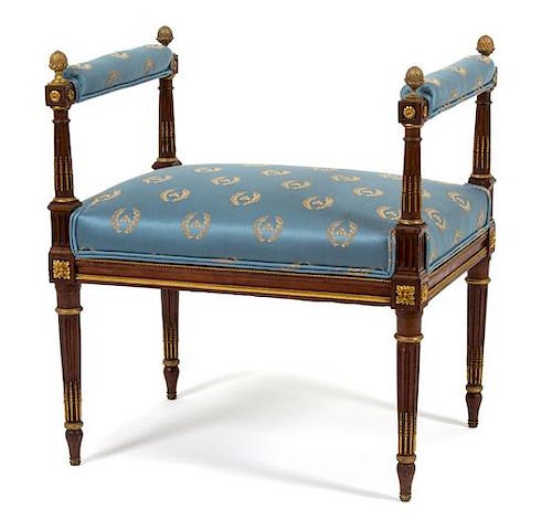 A Louis XVI Gilt Bronze Mounted Mahogany Bench Height26 1/4 x width 23 1/4 x depth 17 1/4 inches.