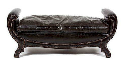 A French Empire Style Black Leather Upholstered Rolled Arm Bench Height 20 1/2 x width 50 x 18 inches.