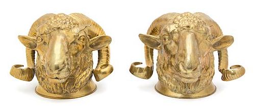 A Pair of French Gilt Bronze Ram's Head Inkwells Height 6 1/4 inches.