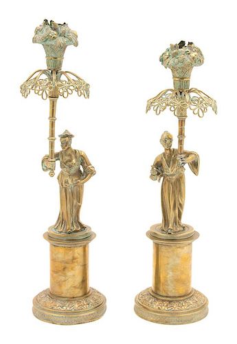 A Pair of French Gilt Bronze Candlesticks Height 13 1/2 inches.