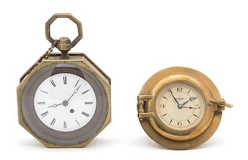 Two French Brass Desk Clocks Height of larger 5 3/4 inches.