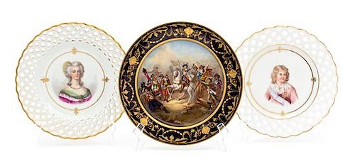 A Group of Three Hand Painted Continental Plates Diameter of larger 9 1/4 inches.