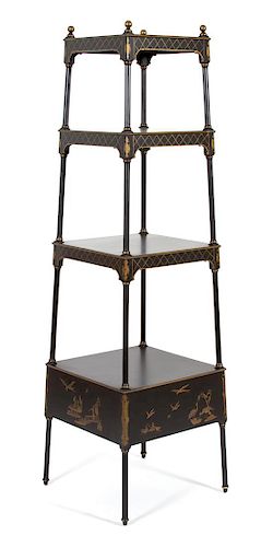 A Regency Style Ebonized and Gilt Decorated Four Tier Etagere Height 69 x width 20 1/2 x depth 20 1/2 inches.