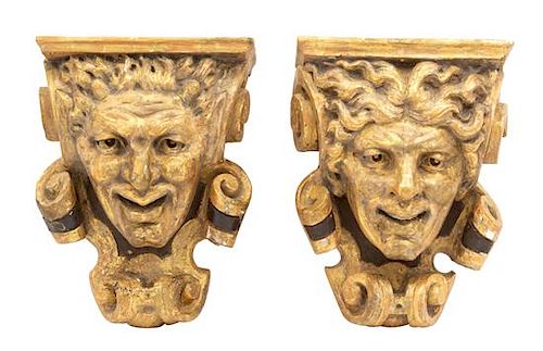 A Pair of English Carved Giltwood Wall Brackets Height 13 x width 9 3/4 x depth 5 3/4 inches.