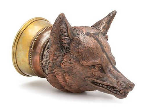 An English Brass and Bronze Fox Head Stirrup Cup Height 8 1/8 inches.