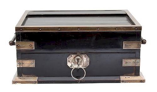 An English Silver Mounted Ebonized Tambour Top Humidor Height 5 5/8 x width 13 x depth 9 3/8 inches.