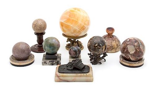 A Collection of Marble Desk Ornaments Diameter of largest 5 inches.
