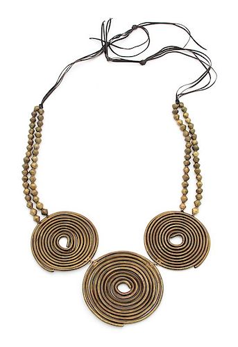Irena Corwin, (American, 20th Century), Necklace of bronze beads from Cameroon with three bronze earrings from Kenya, on triple