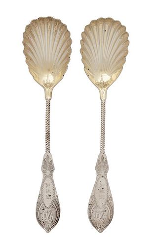 Two Bright-Cut Coin Silver Serving Spoons, , with vermeil bowls.